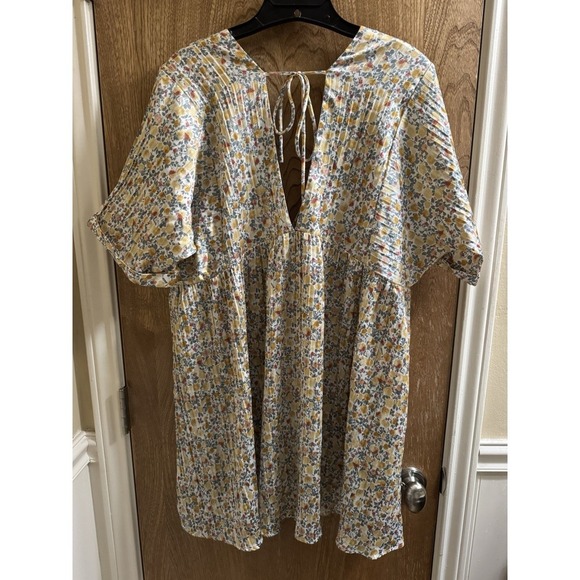 Lulus Express Yourself Yellow Floral Print Satin Babydoll Dress XL V-Neck/Back - Picture 9 of 15